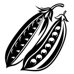 Two stylized pea pods with peas inside in a black and white graphic