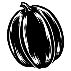 Stylized black and white pumpkin illustration with distinct curves and stem