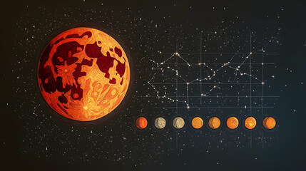 Fototapeta premium An illustration of a red lunar eclipse sits to the left of phase examples. This image appears on a file uploading dashboard.