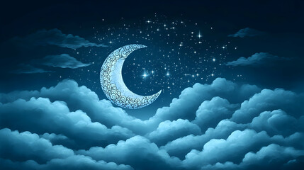Crescent moon with swirls amidst starlit skies and fluffy clouds creates a serene dreamy nocturnal landscape
