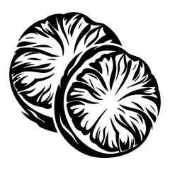 Dramatic black and white illustration of two sliced citrus fruits