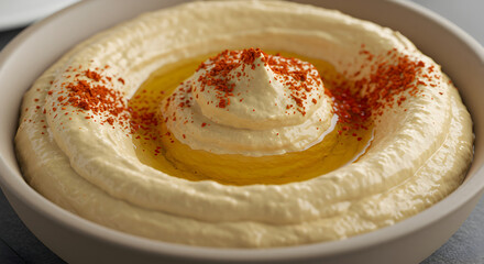 Delicious Hummus Swirl With Olive Oil And Paprika In An Elegant Bowl