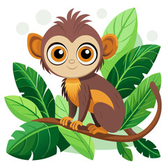 tiny monkey with big eyes on a tree branch, vector art, jungle theme, cartoon cute style, stylized leaves