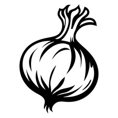 Stylized monochrome vector drawing of a garlic bulb with leafy sprouts