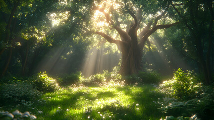 Forest scene with a giant tree bathed in sunlight filtering through the canopy illuminating the lush green ground with