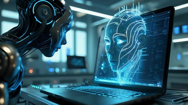 Futuristic humanoid robot interacting with a laptop displaying a digital human face, showcasing AI and human-computer interaction

