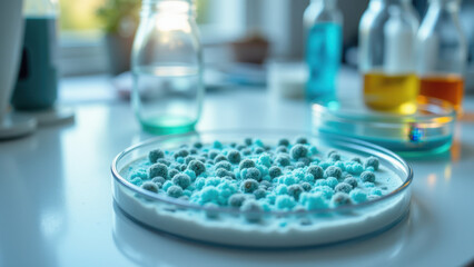 A lab setting with a petri dish containing blue algae for permaculture purposes.