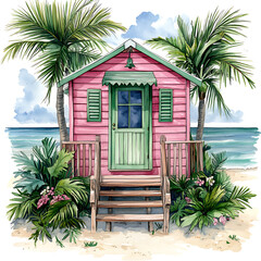 vibrant watercolour illustration of tropical pink beach hut surrounded by lush greenery and palm trees, evoking serene and inviting atmosphere