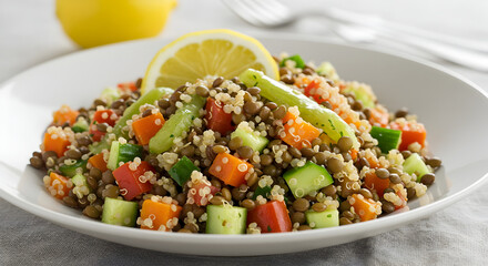 Fresh And Vibrant Lentil Salad Topped With Lemon Slice For Meal