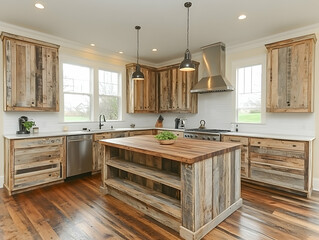 Rustic kitchen featuring reclaimed wood cabinets butcher block island and stainless steel appliances in a well-lit spa