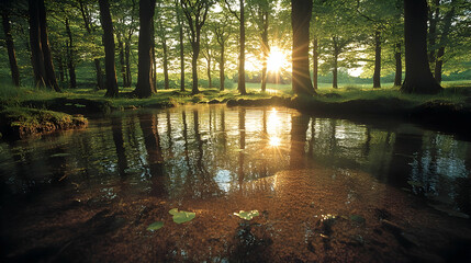 Obraz premium Sunburst shines through the tree trunks reflected on the water Underwater plants seen through the clear pond