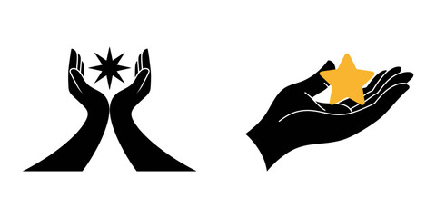 Reaching Stars, Hand Holding Star Black and White Square Icon, Hand Holding Star Icon on Black and White Vector Backgrounds, Hand with star silhuoette.