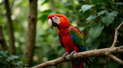 Obraz premium The vibrant macaw, with its colorful plumage and majestic presence, perches elegantly on a branch in front of a lush tropical backdrop