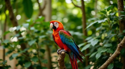 Fototapeta premium The vibrant macaw, with its colorful plumage and majestic presence, perches elegantly on a branch in front of a lush tropical backdrop