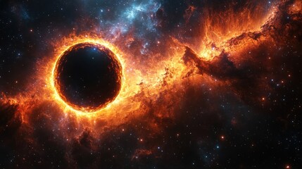 Dark sphere surrounded by fiery orange and blue cosmic nebula in outer space.