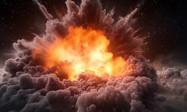 Fiery explosion with smoke cloud in space  
