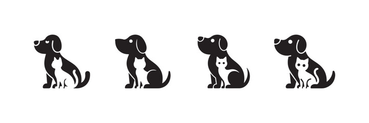 Dog and Cat Sitting Together Icon Set in Solid Pet Silhouette Style  © MDFahimMorshed