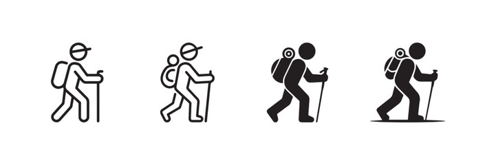 Hiking Icon Set of Hikers with Backpack and Walking Stick Vector Illustration