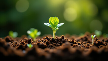 Tiny plant seedling sprouting from soil, symbolizing growth and permaculture.