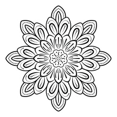 Mandala Design, black and white mandala illustration featuring intricate floral patterns and geometric shapes