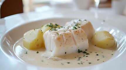 Fototapeta premium Plukkfisk, a mix of cod, potatoes, and white sauce, comfort food served on white porcelain.