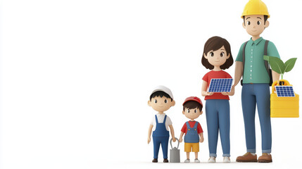 cheerful cartoon family stands together, showcasing renewable energy with solar panels and plant