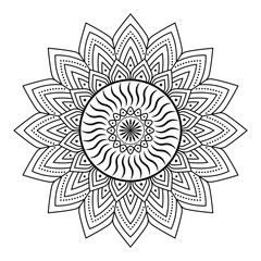 Mandala Design, black and white mandala illustration featuring intricate floral patterns and geometric shapes