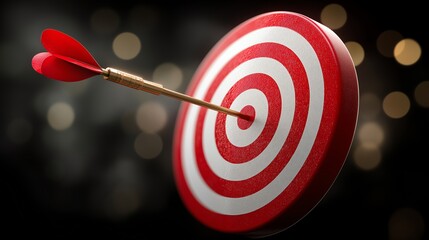 A close-up of a dart hitting the center of a bullseye target, symbolizing focus, achievement, and goal-setting. Perfect for illustrating success and strategy in business.