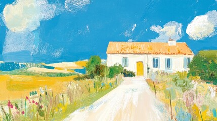 Sunny cottage golden fields azure sky and inviting path