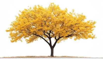 A tree with golden yellow leaves stands against a white background.