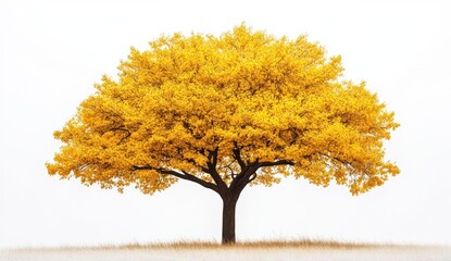 Single tree with bright yellow leaves stands against a white background.