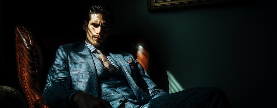 A confident businessman seated in a stylish chair, casting a strong shadow while dressed in a tailored suit