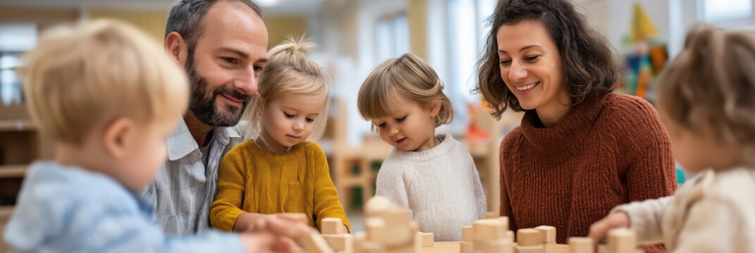 A heartwarming scene of a family engaging in play with young children at an early learning center, showcasing the importance of family bonding and development through learning activities.