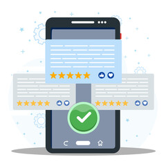 Customer review comment and rate a service or goods . Online feedback, five stars rating on smartphone screen. 