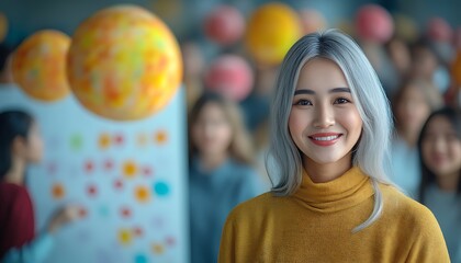 Smiling Young Asian Woman with Grey Hair in Yellow Sweater at Business Meeting