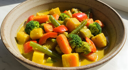Colorful Vegan Curry Bowl Presenting Freshly Prepared Vegetable Delight