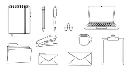Office Essentials: A collection of essential office supplies, meticulously presented as a minimalist, line-art style illustration, perfect for depicting work or study related themes.