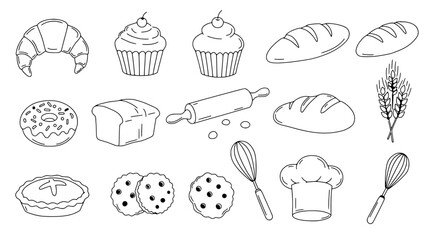 Baking Delight: A collection of line-art illustrations showcasing a variety of freshly baked goods and baking essentials. Perfect for a bakery, pastry shop, or culinary blog.