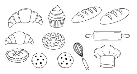 Bakery Collection: A delightful array of baked goods and essential tools meticulously rendered in a clean, minimalist black-and-white line art style, perfect for culinary or design projects.