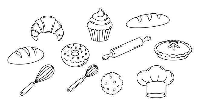 The Art of Baking: A monochrome illustration of an array of bakery products and tools of the trade, capturing the essence of culinary creation.