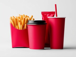 Fast food delivery packaging with disposable red containers featuring fries, beverage, and dessert wrapped, clean light background, showcasing convenient delivery options