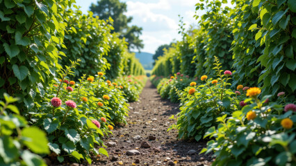 A vibrant garden path leading through a lush green field filled with colorful flowers and plants, showcasing permaculture design.