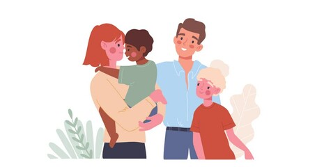 Child adoption scene. Moving banner with happy couple hugging their adopted children. Foster family with daughter and son. Parents Give Love to Children from Orphanage. Cartoon flat animated graphics - Powered by Adobe