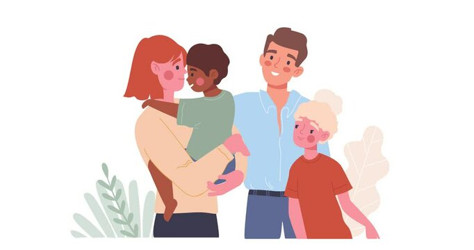 Child adoption scene. Moving banner with happy couple hugging their adopted children. Foster family with daughter and son. Parents Give Love to Children from Orphanage. Cartoon flat animated graphics