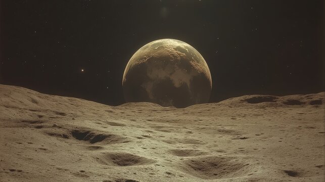 Serene lunar landscape with distant planet rise and textured surface details