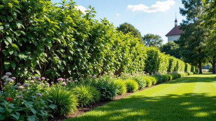 Fototapeta premium A beautifully maintained allotment garden with trimmed hedges and a neatly mowed path through the center.