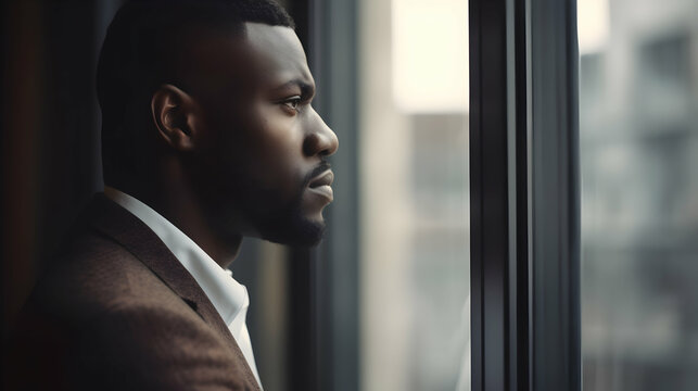 Contemplative man gazing through window, embracing thoughtful solitude in business