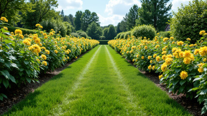 Obraz premium A well-maintained garden with rows of yellow flowers set against a backdrop of green foliage on a clear day.