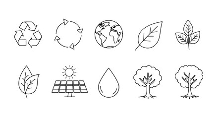 Eco-Friendly Icons: A collection of elegant line art icons representing eco-friendly concepts and elements, offering a clean and modern visual.