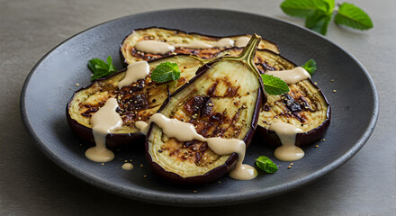 Grilled Eggplant Slices Drizzled With Tahini Sauce And Garnished With Fresh Mint
